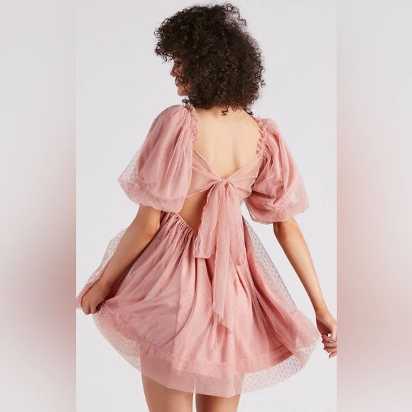 Mable Whimsical Blush Organza Babydoll Muse Chiffon Tulle Swiss Dot Skater Dress - Picture 2 of 13
